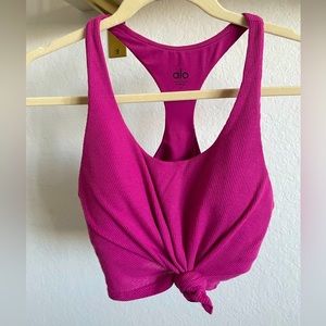 Alo Ribbed Knot Bra Top in Raspberry